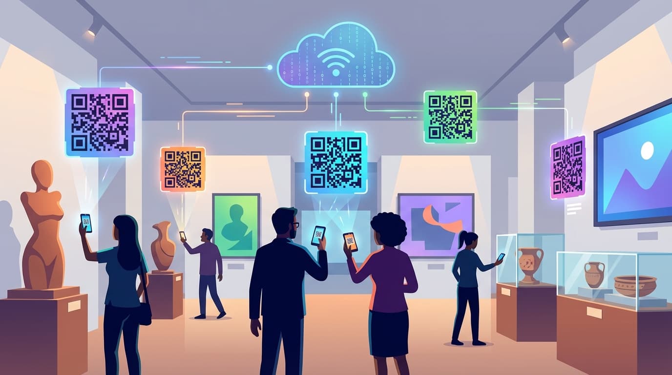 Museum visitor scanning a QR code next to an exhibit to access interactive digital content on their smartphone